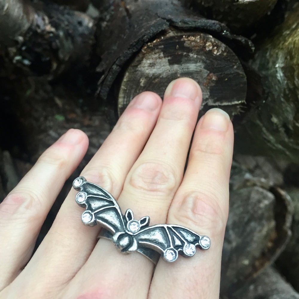 Bat Ring with Adjustable Ring Band in Cast Pewter with CZs NWOT